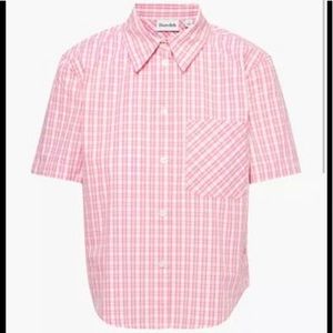 Aritzia Sunday Best cropped shortsleeve button down in pink plaid, size large.